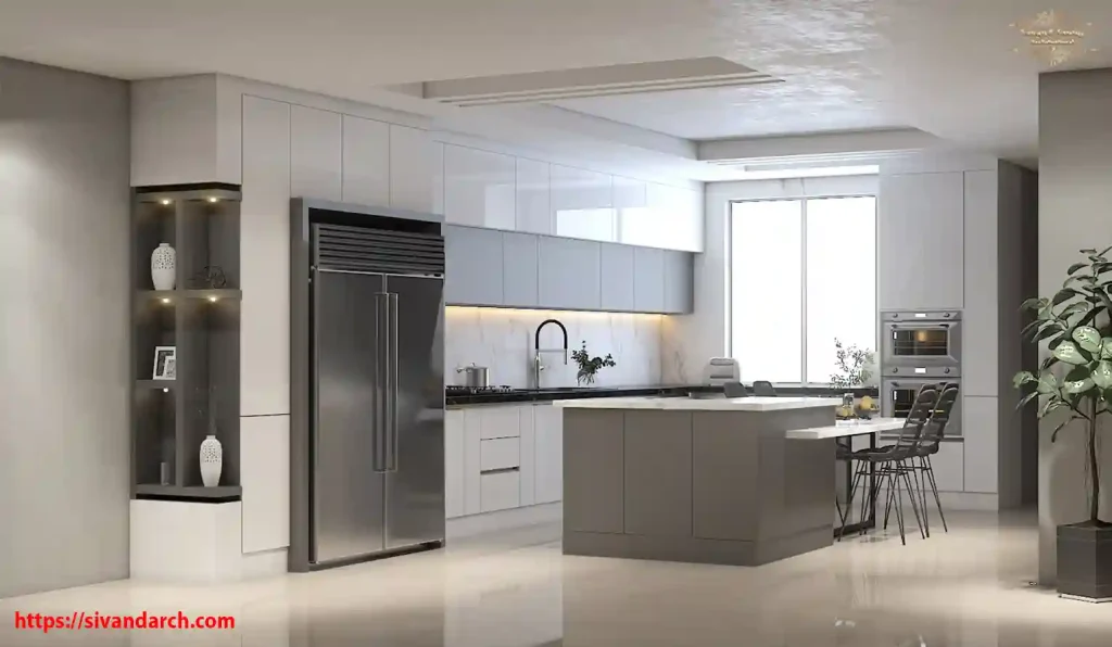 آشپزخانه مدرن با کابینت‌های سفید براق و جزیره خاکستری