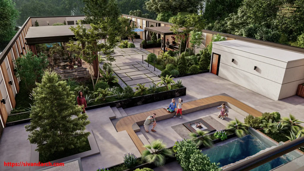 باغ ویلای مدرن با طراحی محوطه‌سازی خلاقانه و آتشدان مرکزی