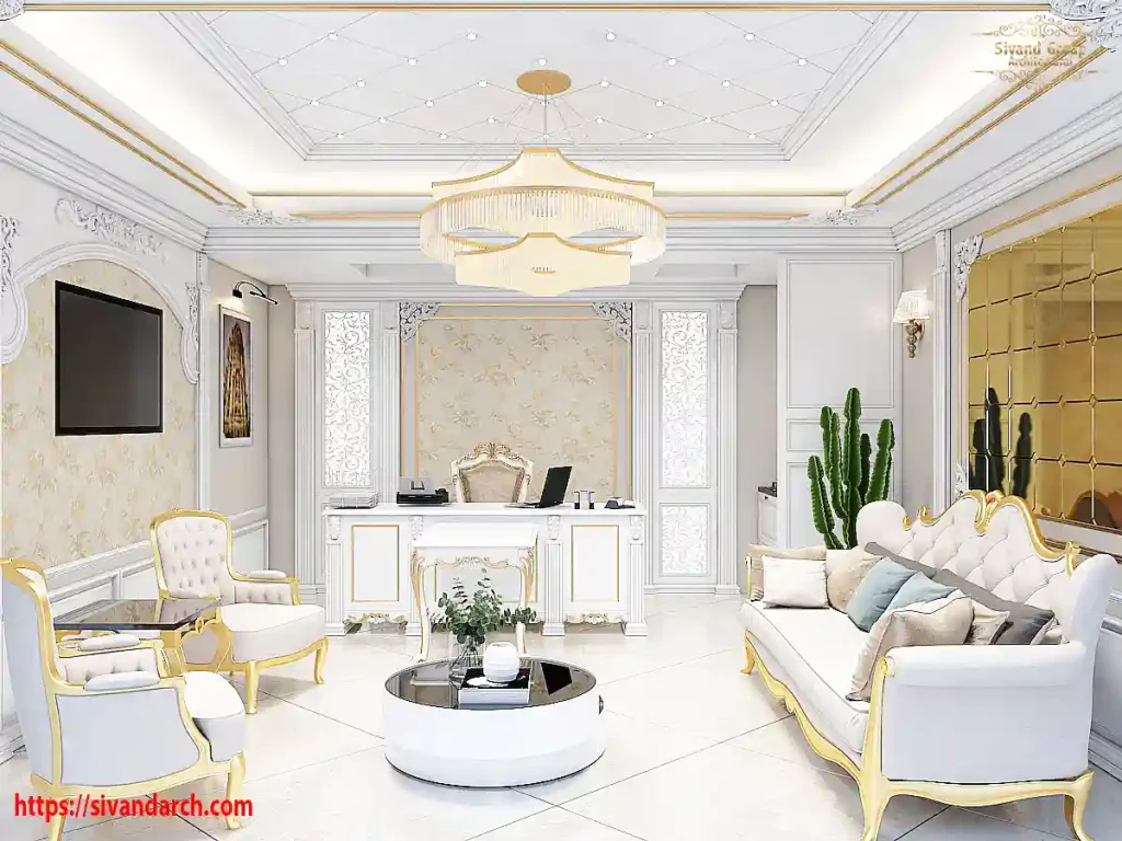 دکوراسیون داخلی کلاسیک بنگاه معاملات املاک با مبلمان سفید و طلایی، سقف نورپردازی شده و دیوار آینه‌کاری