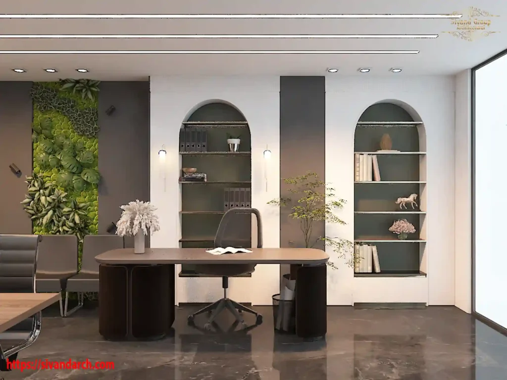 طراحی داخلی دفتر کار مدرن برای مجموعه املاک با دکور دیواری سبز و قفسه‌های دکوراتیو