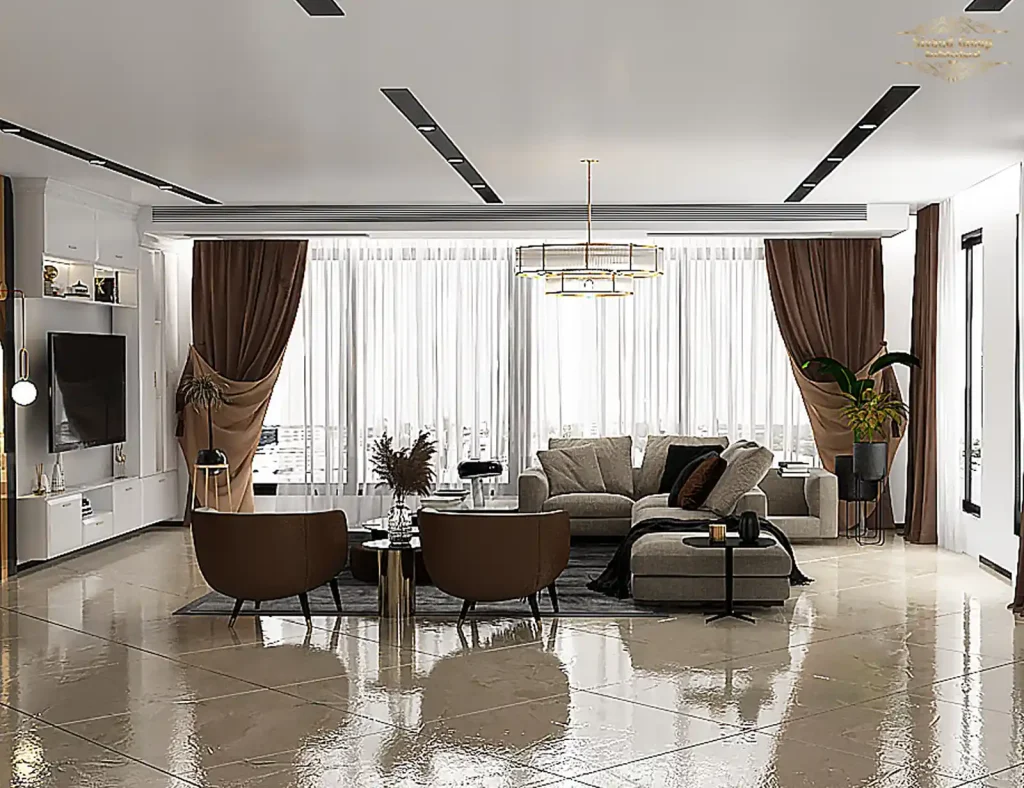 طراحی مدرن فضای نشیمن با مبلمان انزو و نورپردازی سقفی