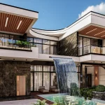 نمای مدرن باغ ویلا دو طبقه با طراحی منحنی، چوب‌کاری سقف و آبشار در محوطه استخر