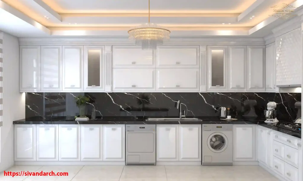 آشپزخانه مدرن با کابینت انزو سفید براق و صفحه مشکی مرمری