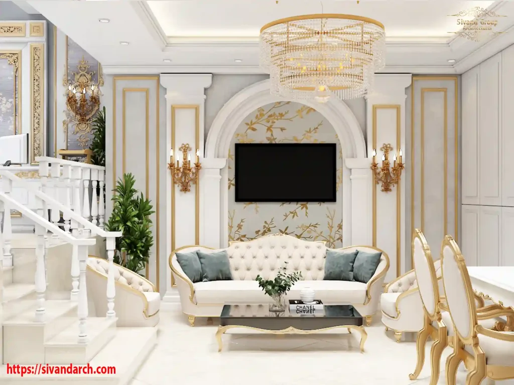 طراحی داخلی دفتر املاک کلاسیک و لوکس با مبلمان سلطنتی و دکوراسیون طلایی