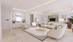 طراحی داخلی سالن نشیمن و آشپزخانه مدرن با نورپردازی سقفی، مبلمان خنثی و شومینه دکوراتیو