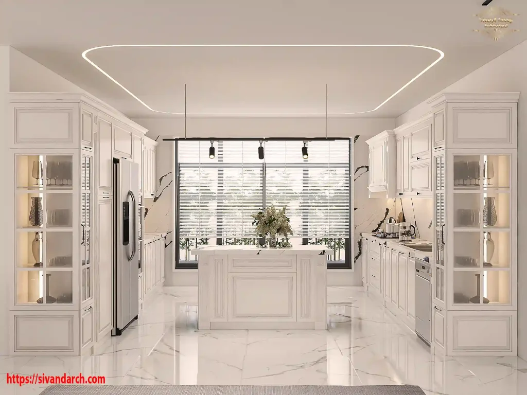 آشپزخانه کلاسیک با کابینت‌های سفید و طراحی ساده