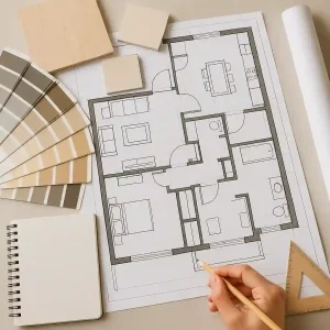 طراحی داخلی چیست؟ نقشه پلان یک خانه روی میز با دست طراح که در حال ترسیم است، همراه با نمونه رنگ‌ها و متریال‌های طراحی داخلی.