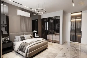 طراحی داخلی اتاق خواب مدرن با کمد فریم‌لس و نورپردازی ملایم